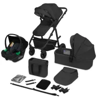 Carucior 3 in 1, Lionelo, Bianka, Transformabil, Cadru aluminiu, Cu landou si salteluta moale, Cu scoica auto, Cu multiple accesorii, Sustine 22 kg, 0 luni+, EN1466:2014+AC:2015, EN1888, Negru
