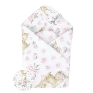 Paturica de infasat, MimiNu, Cu doua fete, Cu multiple utilizari, Cu inchidere arici velcro, Dimensiune 75x75 cm, Din bumbac certificat Oeko Tex Standard 100, Sweet Deer Pink