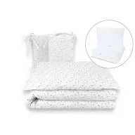 Lenjerie patut cu 5 piese, MimiNu, Pentru patut 120x60 cm, Cu pilota si perna, Din bumbac certificat Oeko Tex Standard 100, Mini Gray Stars