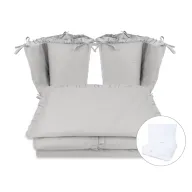 Lenjerie patut cu 6 piese, MimiNu, Pentru patut 120x60 cm,  Cu volanase, Cu pilota si perna, Cu doua aparatori laterale, Din bumbac certificat Oeko Tex Standard 100, Colectia Royal, Grey