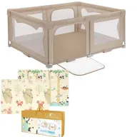 Pachet Tarc de joaca copii, Lionelo, Florence, 150 x 180 cm, Conform cu EN 12227:2010, Bej si Covoras educativ, Bocioland, Panda, Impermeabil, 150 x 180 cm