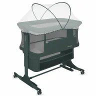 Patut co-sleeper, Lionelo, Jodie, Multifunctional, Reglabil in 6 pozitii pe inaltime, Saltea cu densitate T25, Functie de leganare, Cu plasa de tantari, Buzunar depozitare, Geanta transport,  84x48x70-80 cm, Verde inchis