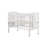 Patut din lemn bebe, 120x60 cm, Cu laterala culisanta, Din lemn de pin si mdf, Cu roti, Cu sina speciala pentru dentitie, Qmini, Iris