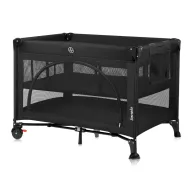 Patut pliant, Lionelo, Laura, 102 x 74 cm, Cu doua nivele, Functie de tarc, Cu roti, Include salteluta si geanta de transport, Pereti din plasa, Deschidere laterala, Pana la 15 kg, 0 luni +, Negru