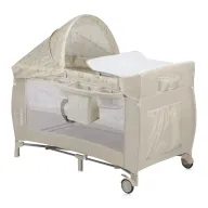 Patut pliant, Lionelo, Sven Plus, 120x60 cm, Cu doua nivele, Cu arcada jucarii, masuta de infasat, vibratii, melodii, conform cu standardele europeane de securitate EN716 si EN12221, Bej Latte