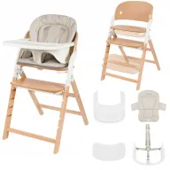 Scaun de masa multifunctional Megan, Lionelo, Din lemn de fag, 6 luni- adult, Reglabil pe inaltime, Husa impermeabila, Tavita silicon, Suport de picioare reglabil, Greutate maxima 110 Kg, Alb/Natur