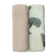 Black Friday - Reduceri Set 2 scutece, Petite&Mars, Misty, Din muselina de bambus, Hipoalergenice, Dimensiuni mari, 120 x 120 cm, Certificate Oeko Tex Standard 100, Whale Song Promotie