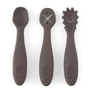 Set 3 lingurite, Petite&Mars, Take&Match, Din silicon, Diverse forme, Pentru supa, paste, alimente usoare, Dezvolta simturile si abilitatile senzoriale, Adecvate pentru masina de spalat vase, Fara BPA, 6 luni+, Bitter Cocoa, Maro