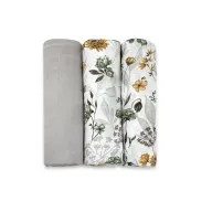 Black Friday - Reduceri Set 3 museline, Qmini, Multifunctionale, Din bumbac certificat Oeko Tex Standard 100, 75x75 cm, Botanica si Grey Promotie