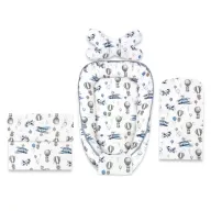 Set 4 in 1 Cosulet bebelus, MimiNu, Baby Cocoon 75x55 cm, Husa bumbac, Din bumbac certificat Oeko Tex Standard 100, Cu paturica 50x70 cm, Cu salteluta, Cu perna fluture, Blue Plane