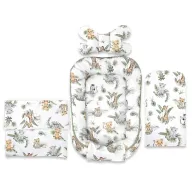 Set 4 in 1 Cosulet bebelus, Qmini, Baby Cocoon 75x55 cm, Din bumbac certificat Oeko Tex Standard 100, Cu paturica, Cu salteluta, Cu perna fluture, Safari