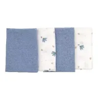 Set 4 lavete, Bubaba, Din muselina, Dimensiune 40x40 cm, Pentru spalarea si ingrijirea fetei si a corpului bebelusului dupa masa sau baita, Blue