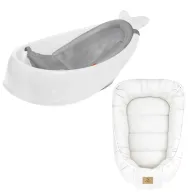 Black Friday - Reduceri Set Cadita inteligenta, Skip Hop, Pentru 3 etape de crestere, Alb si cosulet bebelus, Qmini,  55 x 75 cm, Husa 100% muselina dubla, Cream Promotie