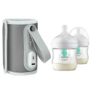Set incalzitor biberoane, Lionelo, ThermUp Go, portabil, USB, Gri + 2x biberoane, Philips Avent, Cu supapa AirFree, 0 luni+, 125 ml, Alb