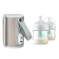 Set incalzitor biberoane, Lionelo, ThermUp Go, portabil, USB, Roz + 2x biberoane, Philips Avent, Cu supapa AirFree, 0 luni+, 125 ml, Alb