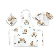 Set Micutul bucatar, MimiNu, Cu sort, o boneta si accesoriu pentru vase calde, Din bumbac certificat Oeko Tex Standard 100, Tedy bear dreams beige