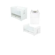 Set mobilier pentru copii, BabyNeeds: Patut multifunctional din lemn de pin, transformabil junior, cu sertar si somiera reglabila in 3 trepte, Nadia II, 120x60 cm + Saltea cocos-burete 10 cm + Comoda cu masa de infasat, Alb