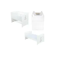 Set mobilier pentru copii, BabyNeeds: Patut multifunctional din lemn de pin, transformabil junior, cu somiera reglabila in 3 trepte, Nadia II, 120x60 cm + Saltea cocos-burete 10 cm + Comoda cu masa de infasat, Alb