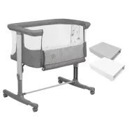 Set patut co-sleeper, Lionelo, Aurora, cu leganare si setare unghiulara, 3 in 1, 85x60x66 cm, Gri + 2 cearceafuri cu elastic, Qmini, din bumbac certificat Oeko Tex, Alb & Gri