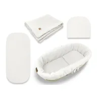 Set pentru landou/cosulet, Qmini, Cu protectie, pilota, saltea, pernuta, Din muselina dubla, Material certificat Oeko Tex Standard 100, Cream