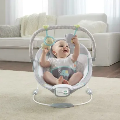 Balansoar electric bebelusi, Ingenuity, Morrison, 8 melodii, Vibratii, Pernuta pentru cap detasabila, Bara cu jucarii , Centura siguranta 3 puncte, 0-6 luni, Pana la 9 kg, Multicolor