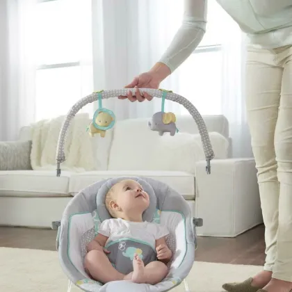 Balansoar electric bebelusi, Ingenuity, Morrison, 8 melodii, Vibratii, Pernuta pentru cap detasabila, Bara cu jucarii , Centura siguranta 3 puncte, 0-6 luni, Pana la 9 kg, Multicolor