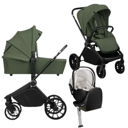 Carucior 4 in 1, Lionelo, Mika Plus, Cu scoica auto Moxie Bej cu baza rotativa 360, Reversibil, Cu sistem de ventilatie 3D, Cu accesorii, Pana la 22 kg, EN1888-1 EN1888-2 EN1466 ECE R129, Verde