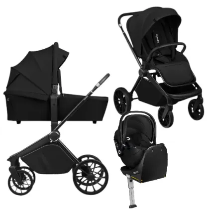 Carucior 4 in 1, Lionelo, Mika Plus, Cu scoica auto Moxie Black Carbon cu baza rotativa 360, Reversibil, Cu sistem de ventilatie 3D, Cu accesorii, Pana la 22 kg, EN1888-1 EN1888-2 EN1466 ECE R129, Negru