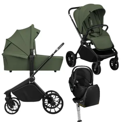 Carucior 4 in 1, Lionelo, Mika Plus, Cu scoica auto Moxie Black Carbon cu baza rotativa 360, Reversibil, Cu sistem de ventilatie 3D, Cu accesorii, Pana la 22 kg, EN1888-1 EN1888-2 EN1466 ECE R129, Verde