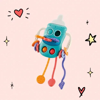 Jucarie senzoriala, Bebe Stars, Bottle, Cu 5 moduri de utilizare, Cu diverse forme si texturi, Stimuleaza abilitatile motorii fine si creativitatea, 18 luni+, Multicolor