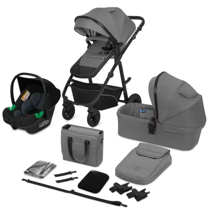 Carucior 3 in 1, Lionelo, Bianka, Transformabil, Cadru aluminiu, Cu landou si salteluta moale, Cu scoica auto, Cu multiple accesorii, Sustine 22 kg, 0 luni+, EN1466:2014+AC:2015, EN1888, Gri