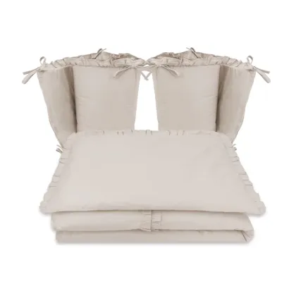 Lenjerie patut cu 4 piese, MimiNu, Pentru patut 120x60 cm, Cu doua protectii laterale, Cu volanase, Din bumbac certificat Oeko Tex Standard 100, Colectia Royal, Beige