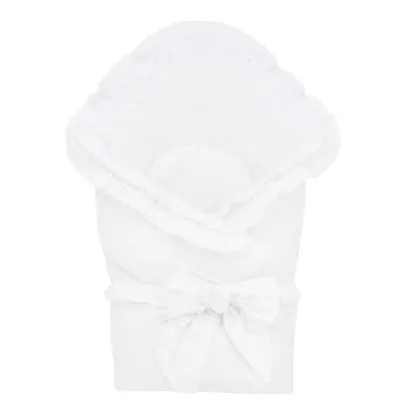 Paturica de infasat, MimiNu, Multifunctionala pentru botez, Cu volanase, Cu inchidere cu panglica si arici velcro, Dimensiune 75x75 cm, Din bumbac certificat Oeko Tex Standard 100, White