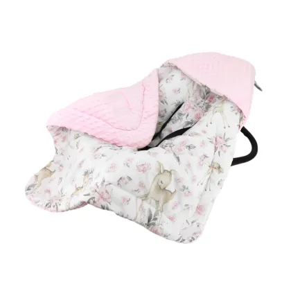 Paturica calduroasa de infasat, MimiNu, Pentru scoica, scaun auto/carucior, Cu gluga si urechi, Cu sistem de prindere pe baza de velcro, Dimensiune 90x90 cm, Din tesatura pufoasa Minky + Bumbac, Materiale certificate Oeko Tex Standard 100, Sweet Deer Pink