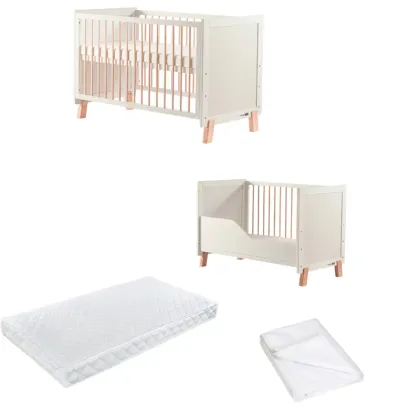 Pachet Patut din lemn bebe, 120x60 cm, Transformabil, FreeON, Ava, Saltea 120x60x12 cm si protectie impermeabila