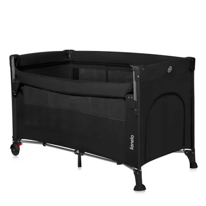 Patut pliant multifunctional, Lionelo, Ellen, Cu laterala culisanta, Nivel suplimentar, Intrare laterala cu fermoar, 2 roti, Saltea pliabila si geanta de transport incluse, 0- 36 luni, Pana la 15 kg, 120x60 cm, Conform cu  EN 716, Negru