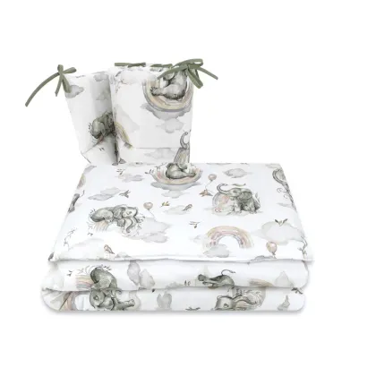 Lenjerie patut 3 piese, Qmini, Pentru patut 120x60 cm, Cu protectie laterala, Din bumbac certificat Oeko Tex Standard 100, Elephants on Rainbow
