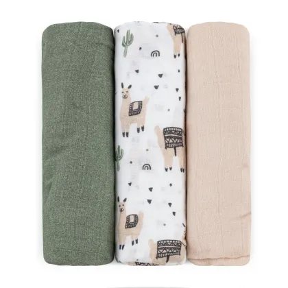 Set 3 scutece, Petite&Mars, Moussy, Din muselina de bambus, Hipoalergenice, 68 x 68 cm, Certificate Oeko Tex Standard 100, Lama Vibes