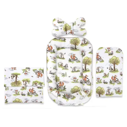 Set 4 in 1 Cosulet bebelus, Qmini, Baby Cocoon 75x55 cm, Din bumbac certificat Oeko Tex Standard 100, Cu paturica, Cu salteluta, Cu perna fluture, Fox on Bikes Natural