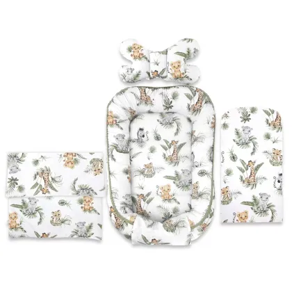 Set 4 in 1 Cosulet bebelus, Qmini, Baby Cocoon 75x55 cm, Din bumbac certificat Oeko Tex Standard 100, Cu paturica, Cu salteluta, Cu perna fluture, Safari