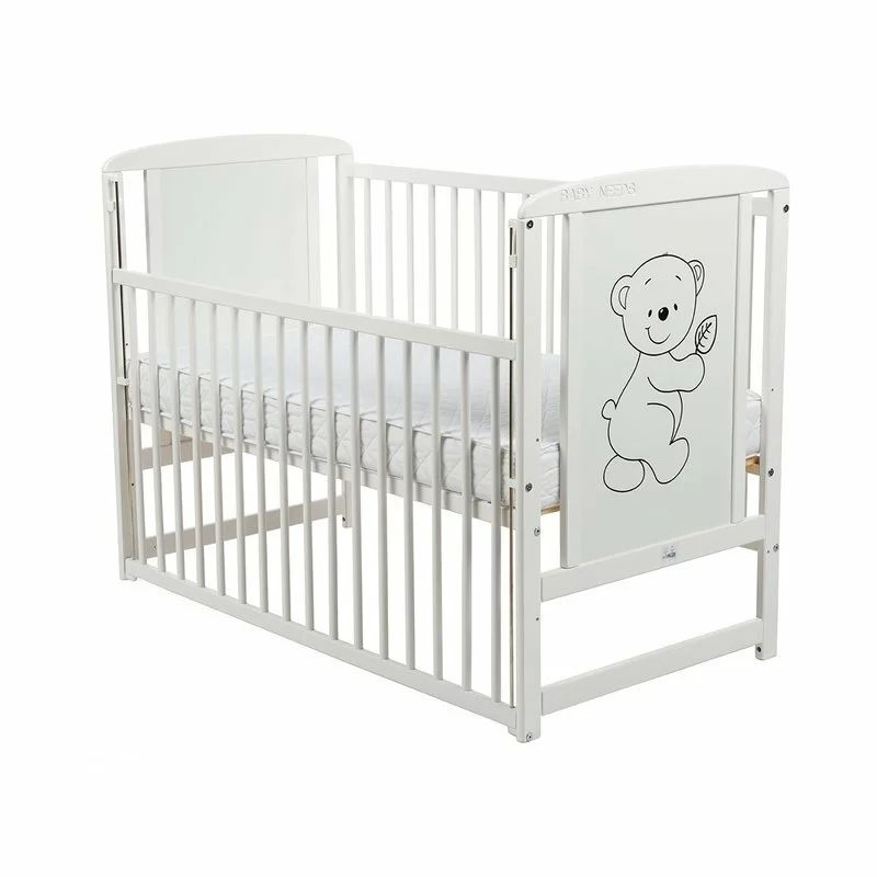 Patut din lemn bebe, 120x60 cm, Cu laterala culisanta, Din lemn de pin si mdf, Stabil si rezistent, Inaltime saltea reglabila pe 3 nivele, Laterala cu 3 bete detasabile, EN716-1, EN716-2, Alb, Babyneeds, Timmi