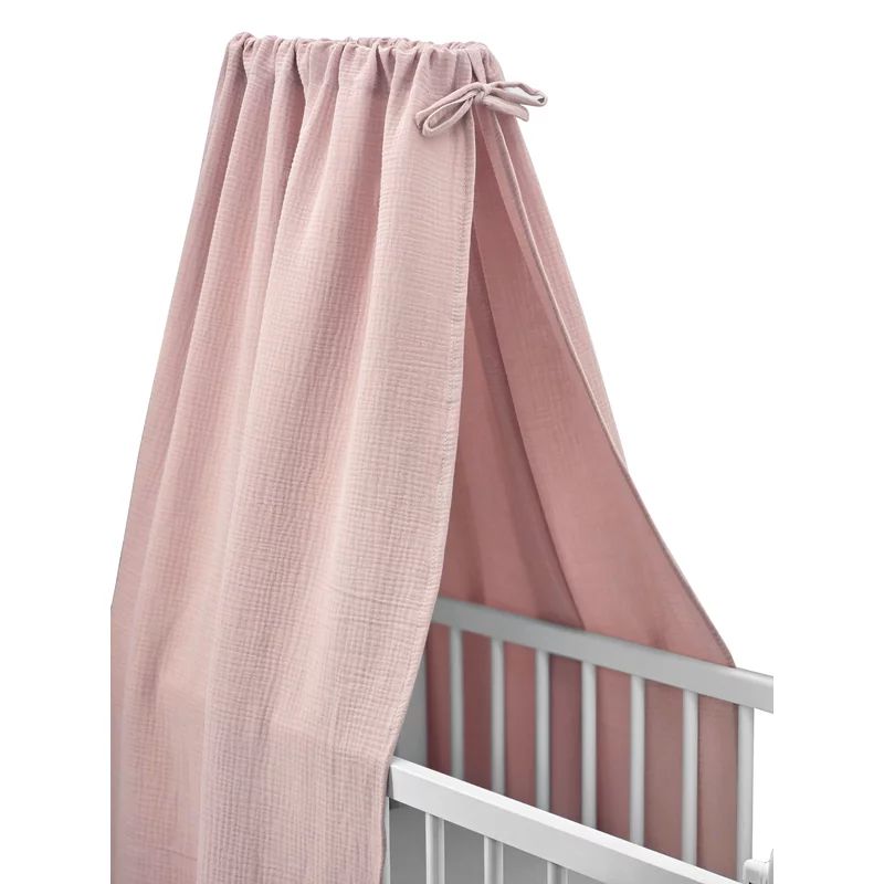 Baldachin cu suport metalic, Qmini, Pentru patut, leagan, Din muselina dubla 145x200 cm, Material certificat Oeko Tex Standard 100, Powder Pink