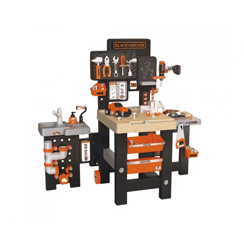 Banc de lucru Mega Center, Smoby, Black+Decker, Cu diverse unelte si elemente de bricolaj, Pliabil, 117 x 103 x 56 cm, 36 luni+