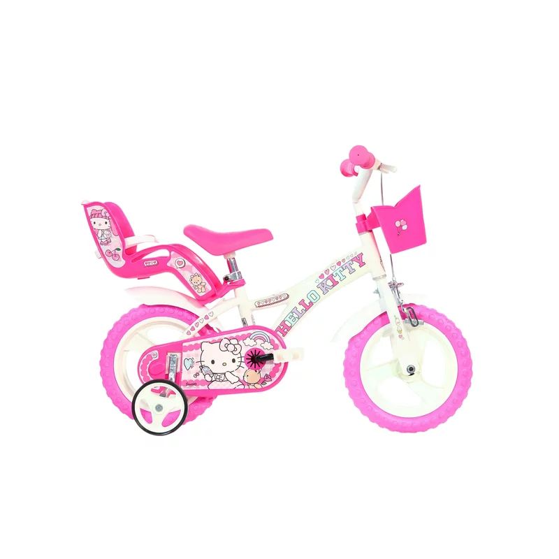 Bicicleta copii, Dino Bikes, Hello Kitty, Roti ajutatoare, Cosulet frontal, Scaunel pentru papusi, 12 inch, Cadru din otel, Pana la 110 cm, White