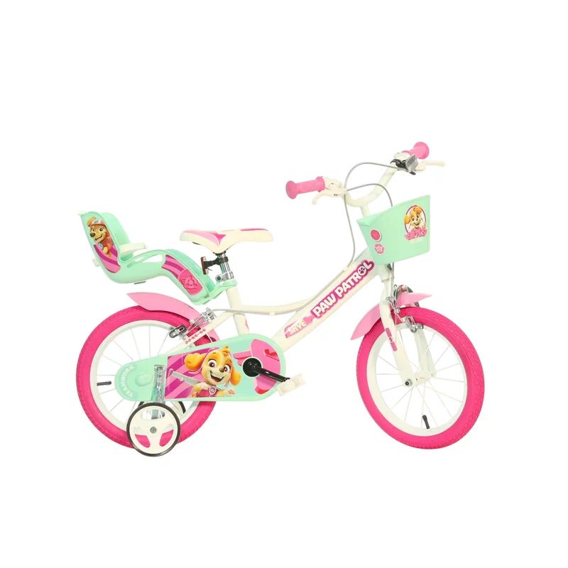 Bicicleta copii, Dino Bikes, Paw Patrol, Roti ajutatoare, Cosulet frontal, Scaunel pentru papusi, 14 inch, Cadru din otel, Pana la 115 cm, White