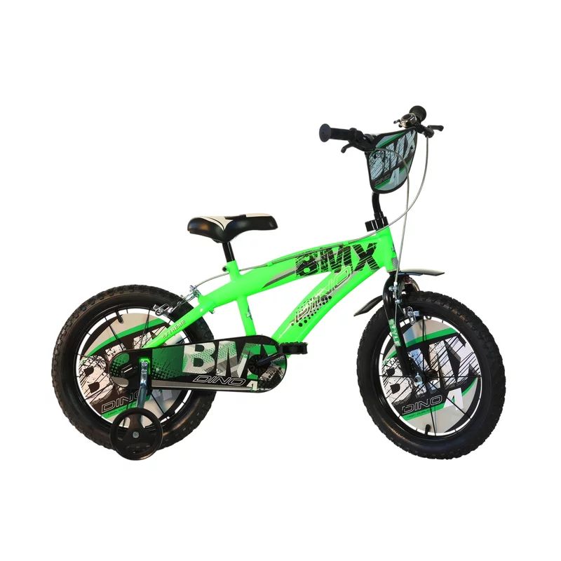 Bicicleta cu pedale, Dino Bikes, BMX, Cu roti ajutatoare, 14 inch, Pana la 115 cm, Green
