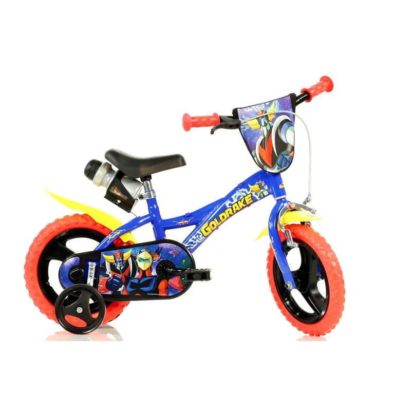 Bicicleta cu pedale, Dino Bikes, Goldrake, Cu roti ajutatoare, Suport cu sticla de apa, 12 inch, Pana la 110 cm, Multicolor