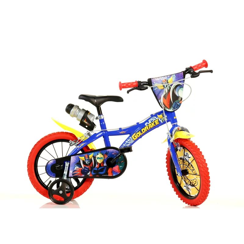 Bicicleta cu pedale, Dino Bikes, Goldrake, Cu roti ajutatoare, Suport cu sticla de apa, 14 inch, Pana la 115 cm, Multicolor