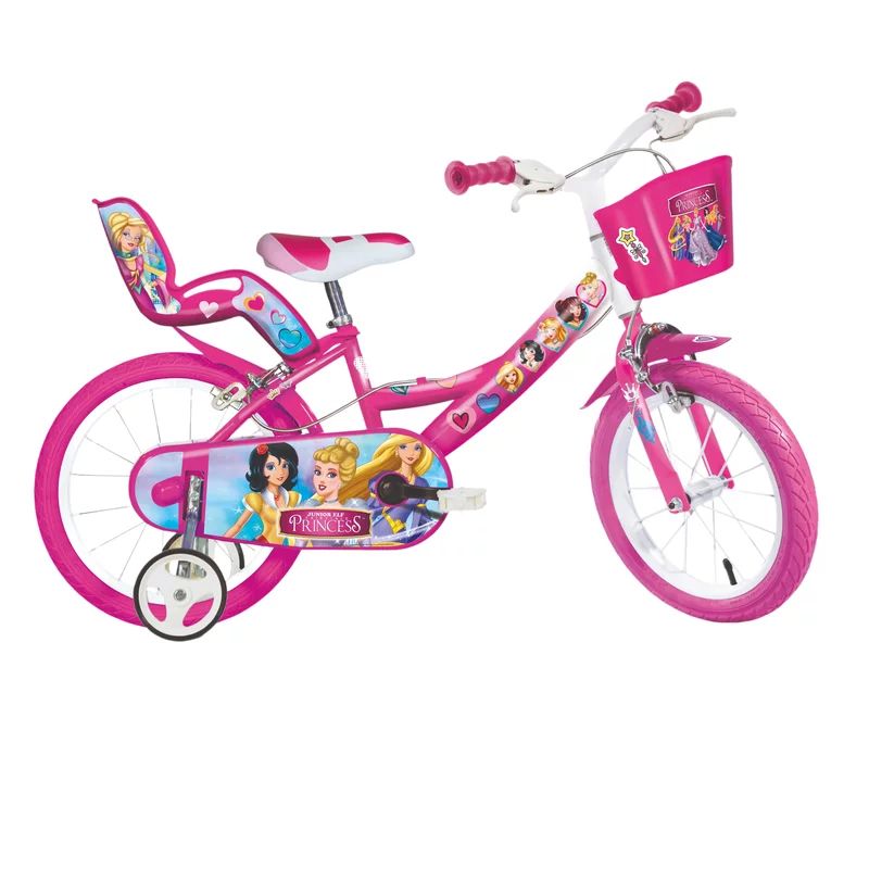 Bicicleta cu pedale, Dino Bikes, Princess, Cu roti ajutatoare, Cu cosulet frontal, Cu scaunel pentru papusa, 14 inch, Pana la 115 cm