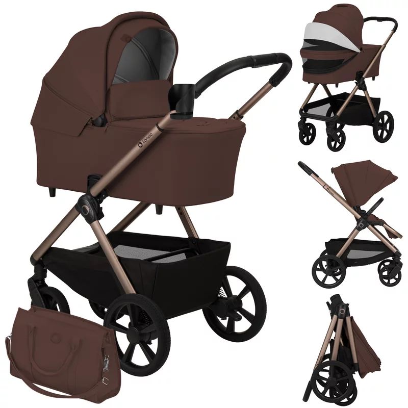 Carucior 2 in 1, Lionelo, Carmine, Parte sport si Landou anti-reflux, Salteluta ventilata, Reglare spatar, Suport de picioare, Maner reglabil, Sustine 22 kg, Cu accesorii, 0 luni+, Maro